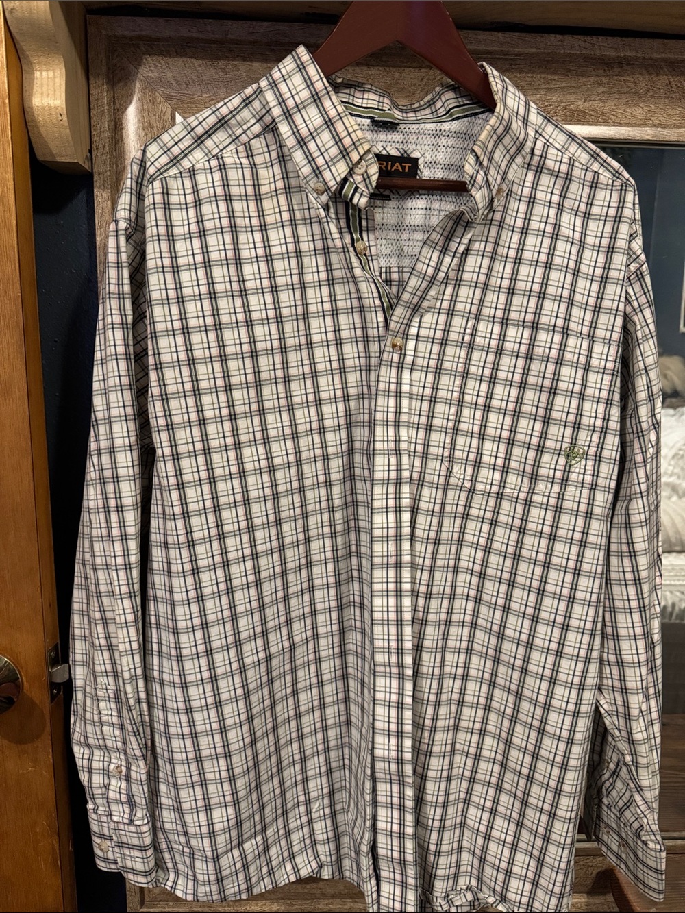 Ariat White Plaid Button-Down Shirt with Green and Navy Stripes